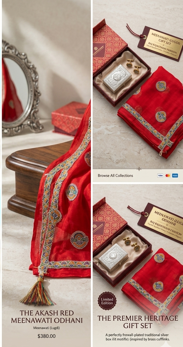 Vibrant Red Meena Lugdi with Intricate Embroidered Border and Silver Zari Butis - Raj Rajasthani Fashion