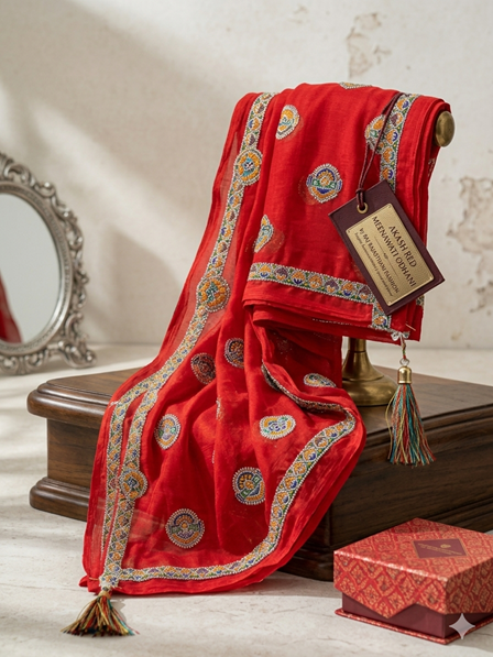 Vibrant Red Meena Lugdi with Intricate Embroidered Border and Silver Zari Butis - Raj Rajasthani Fashion