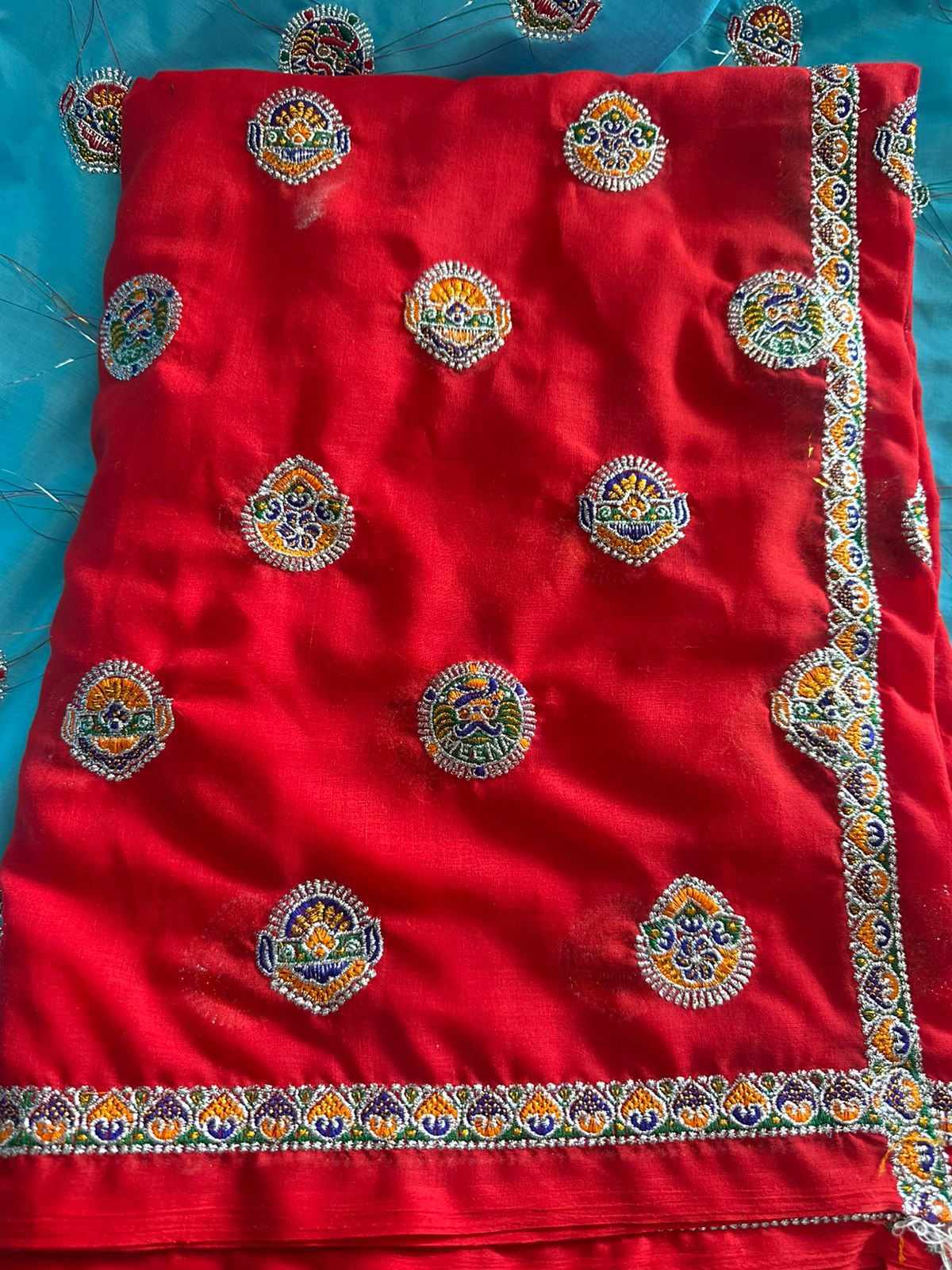 Vibrant Red Meena Lugdi with Intricate Embroidered Border and Silver Zari Butis - Raj Rajasthani Fashion