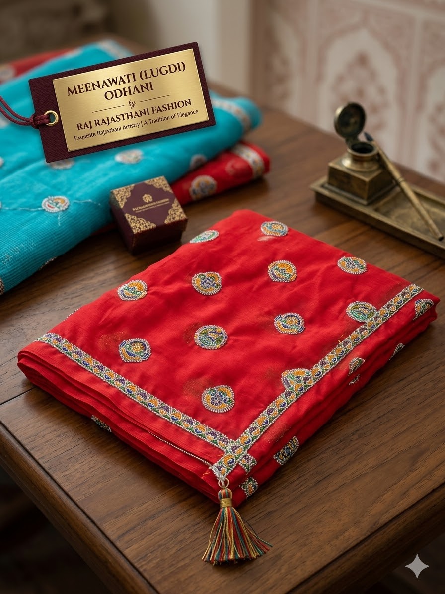 Vibrant Red Meena Lugdi with Intricate Embroidered Border and Silver Zari Butis - Raj Rajasthani Fashion